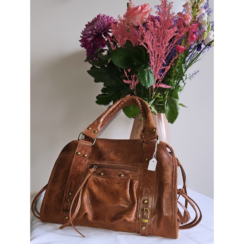 Sac tendance moyen croûte de cuir marron