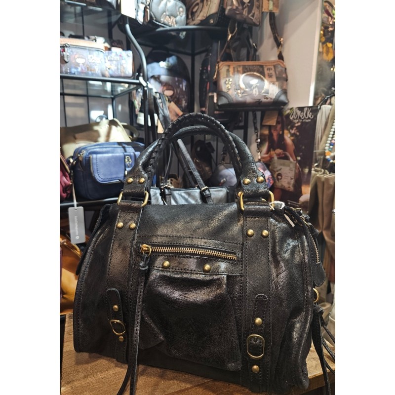 Sac tendance moyen croûte de cuir noir